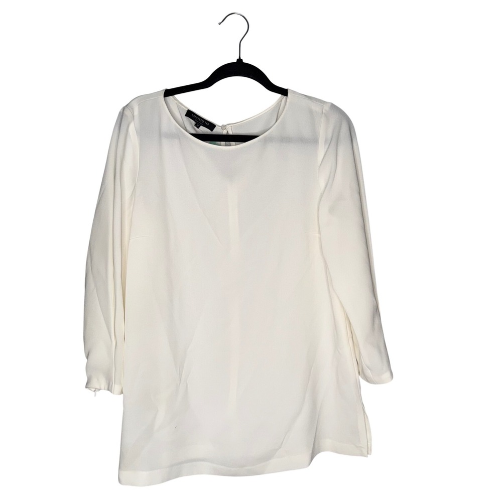 Lafayette 148 Blouse Women 10 White Good 3/4 Sleeve Side Slit Keyhole Back